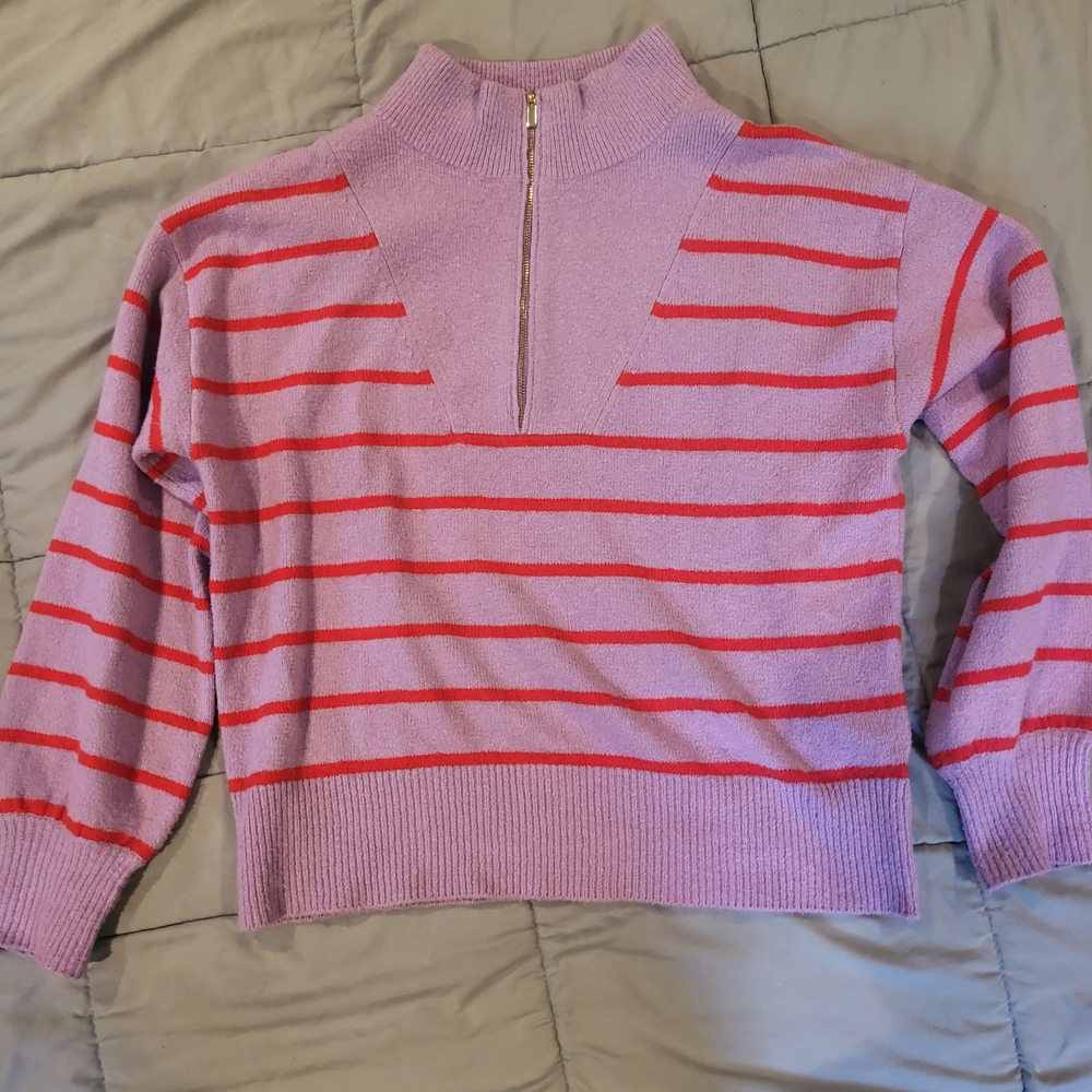 Draper James Purple and Red Striped Turtleneck Sweater